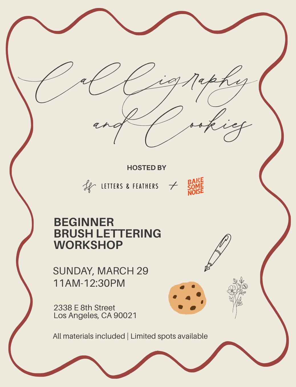 Calligraphy &amp; Cookies 🍪🖋️✨ 

A cozy creative morning in LA. 

Join us for brush lettering, sweet treats, and a relaxed space to slow down and make something beautiful. 💫 

You&rsquo;ll learn the foundations of modern brush calligraphy and leav