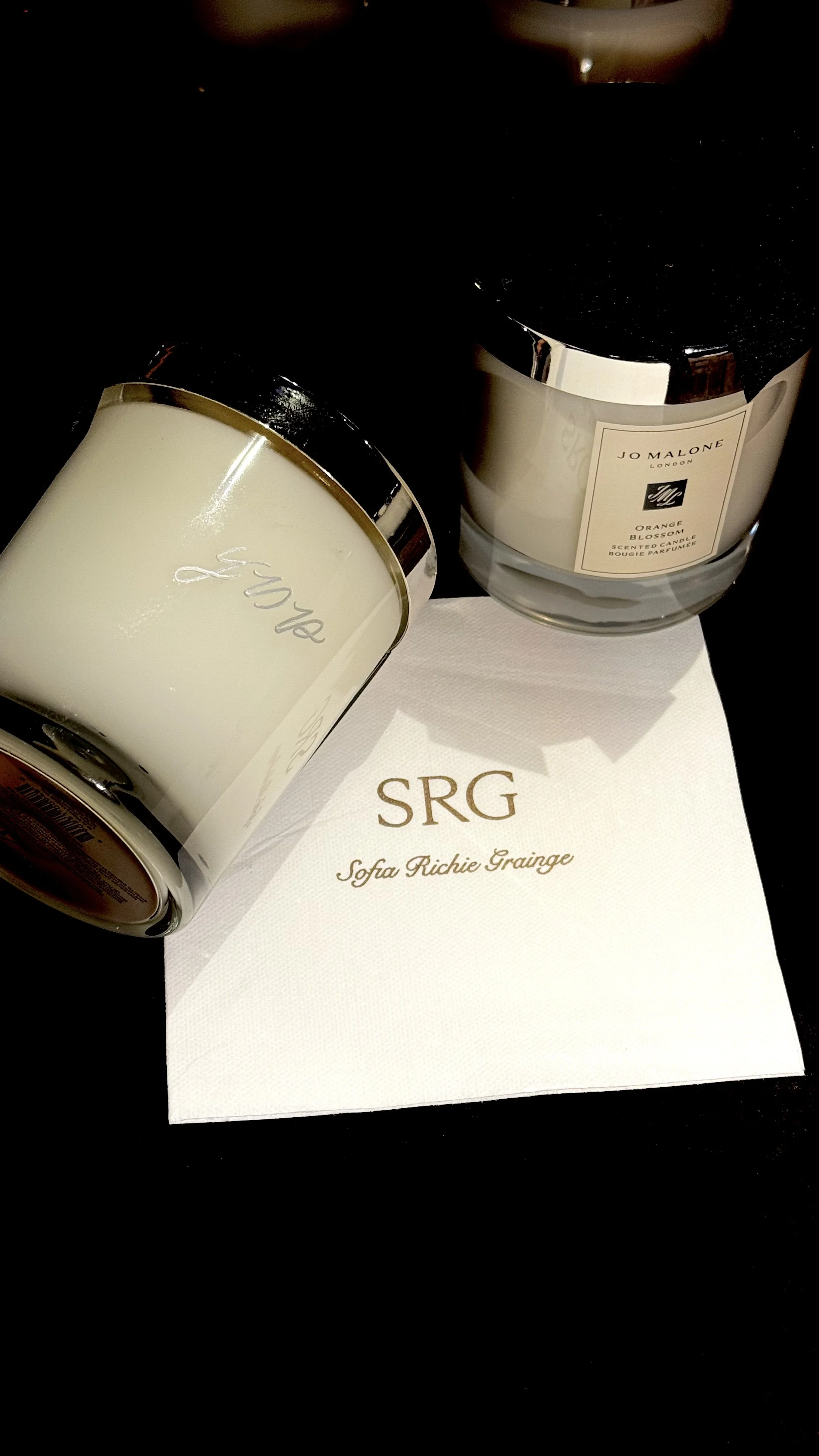 Hand engraved Jo Malone candles for guests at the SRG - Sofia Richie Grainge launch event in Beverly Hills, CA