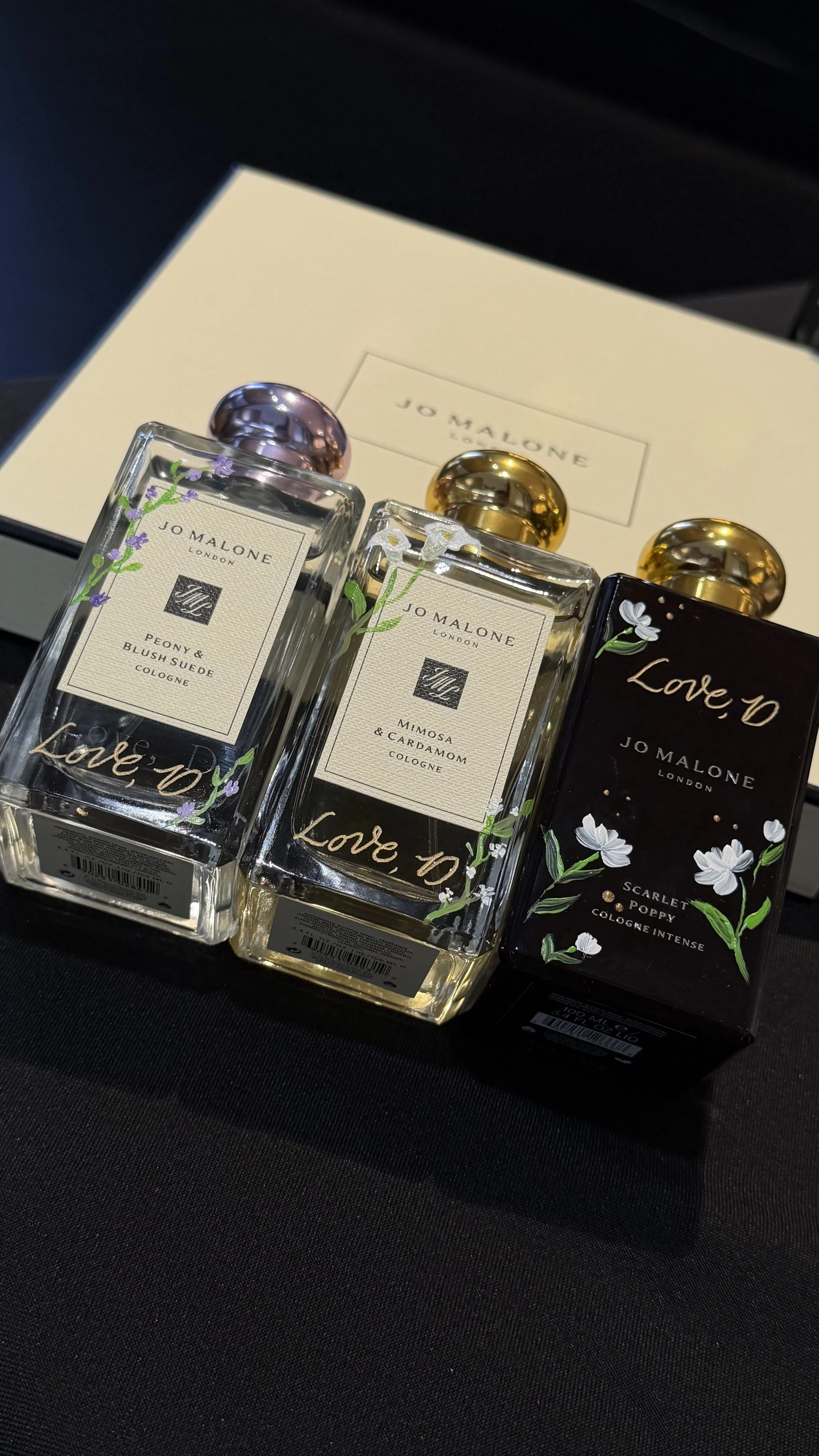 Hand painted and engraved fragrances for a customer at Jo Malone London Century City