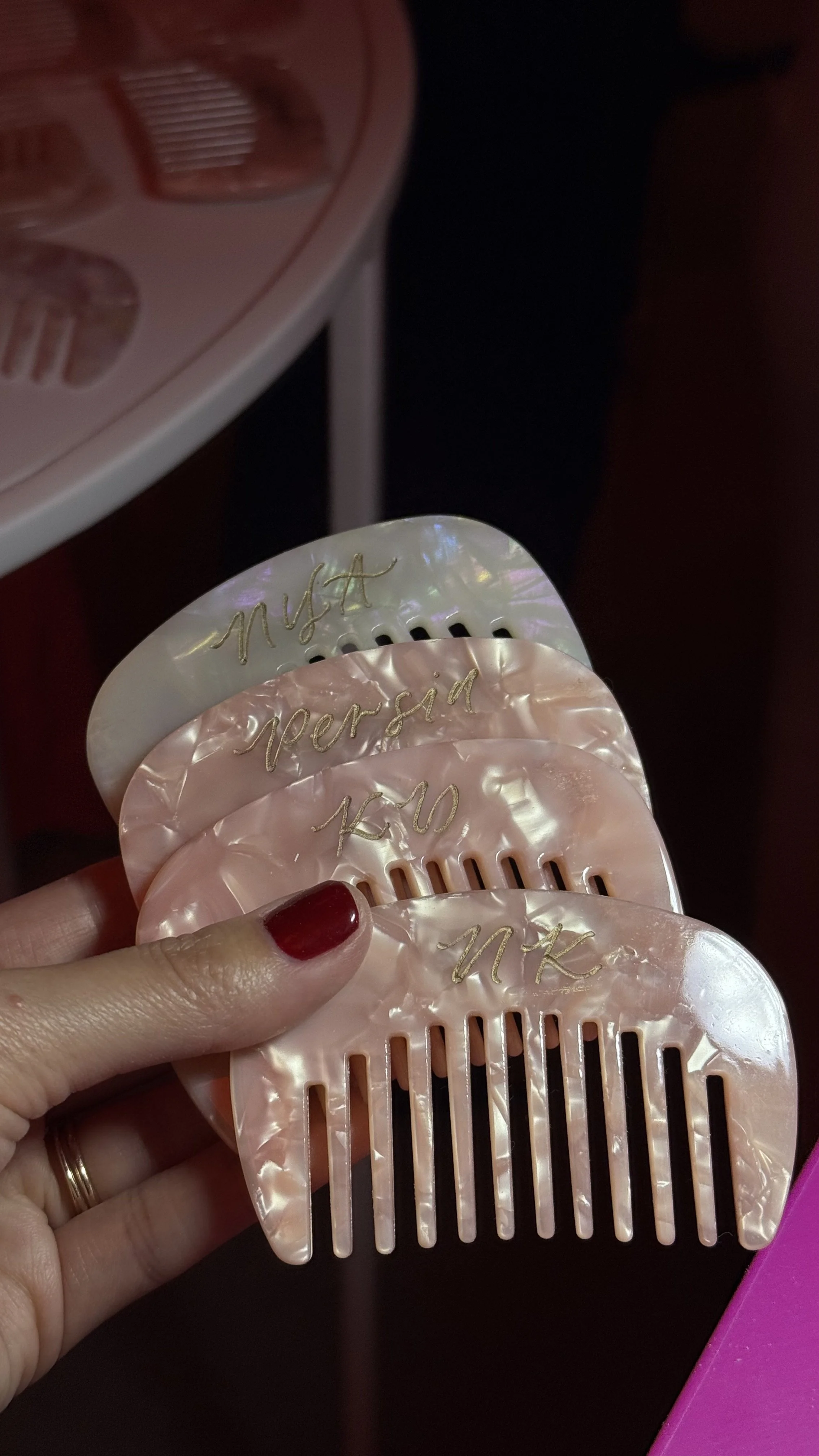 Hand engraved hair combs for guests at the Amika x Ulta Beauty brand activation event in Venice, CA