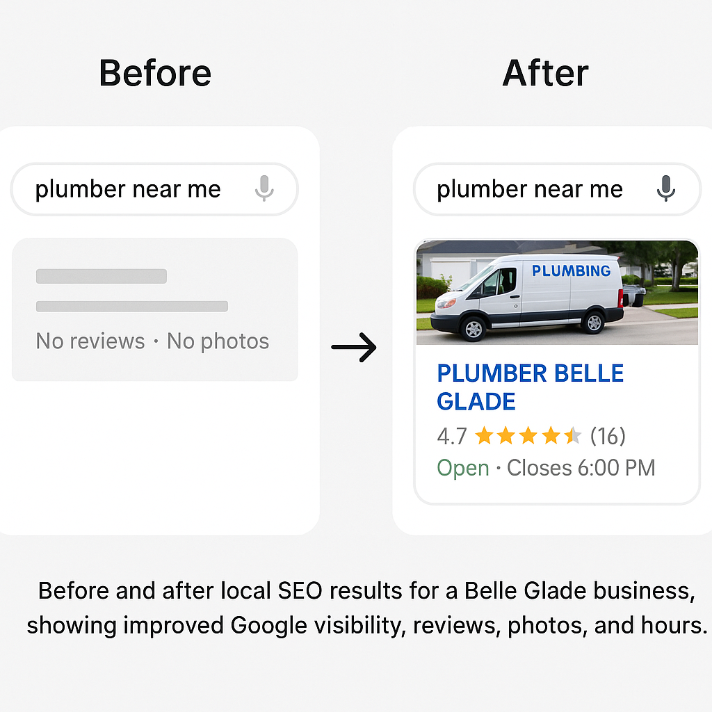 Side-by-side comparison of Google search results showing local SEO improvements for a Belle Glade plumbing business, including reviews, photo, and hours
