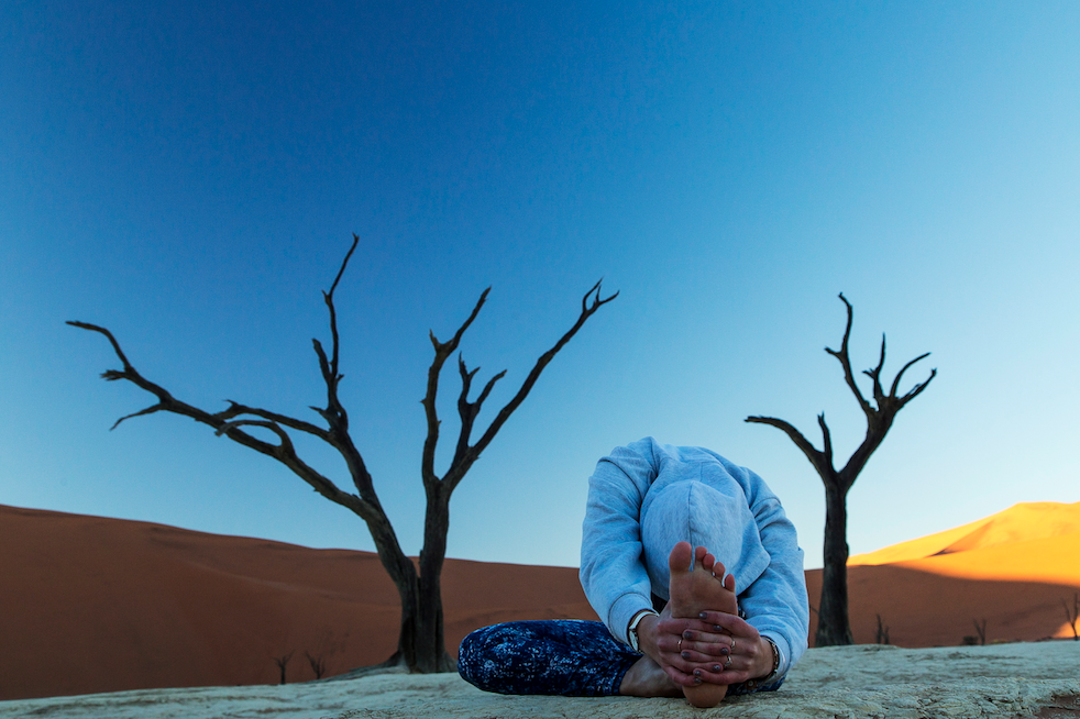 Person practicing yoga or meditation in a desert landscape during sunset, with barren trees and sand dunes in the background.