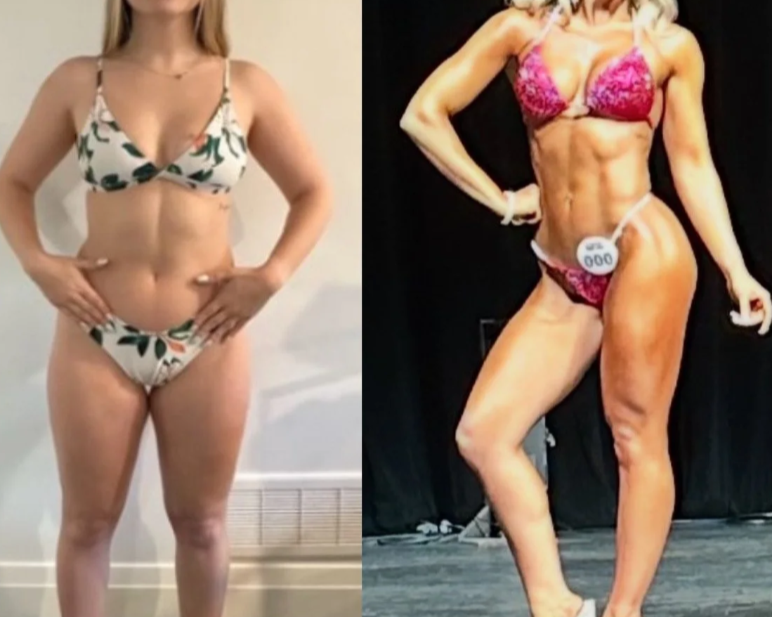 Comparison of two women in bikinis, one on the left with a natural physique and one on the right with a muscular, bodybuilder physique, posing on stage.