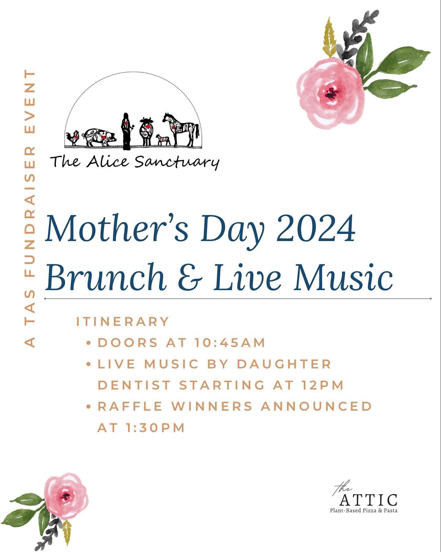 We are hosting a Mother&rsquo;s Day brunch at @theatticyyc this year, in support of @thealicesanctuary 🐷🐮❤️💐

Your ticket includes your choice of brunch, a mimosa (non-alcoholic version available), coffee or tea, live music by @daughterdentist at 