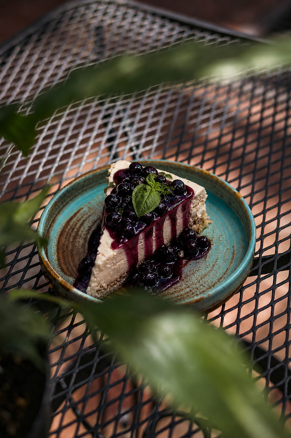 vegan cheesecake with blueberry compote and basil