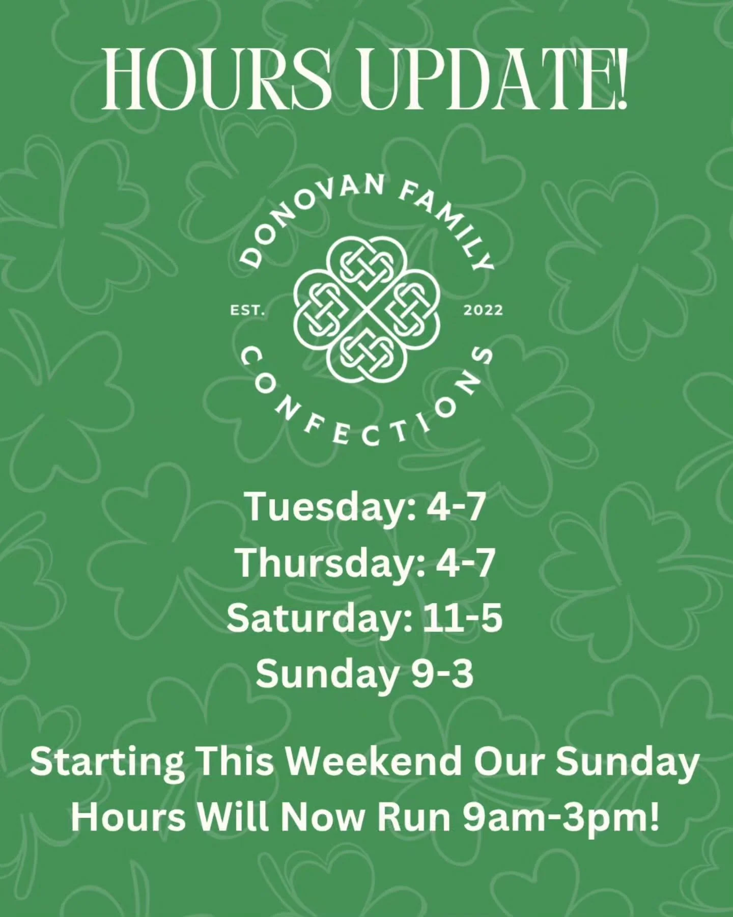 Update! Now that we've had the chance to get settled in to our new spot a little, we are making our first small change to our regular schedule.

We noticed the Sunday morning plaza foot traffic is strong thanks to Wild Alchemy &amp; Kouign, so we fig