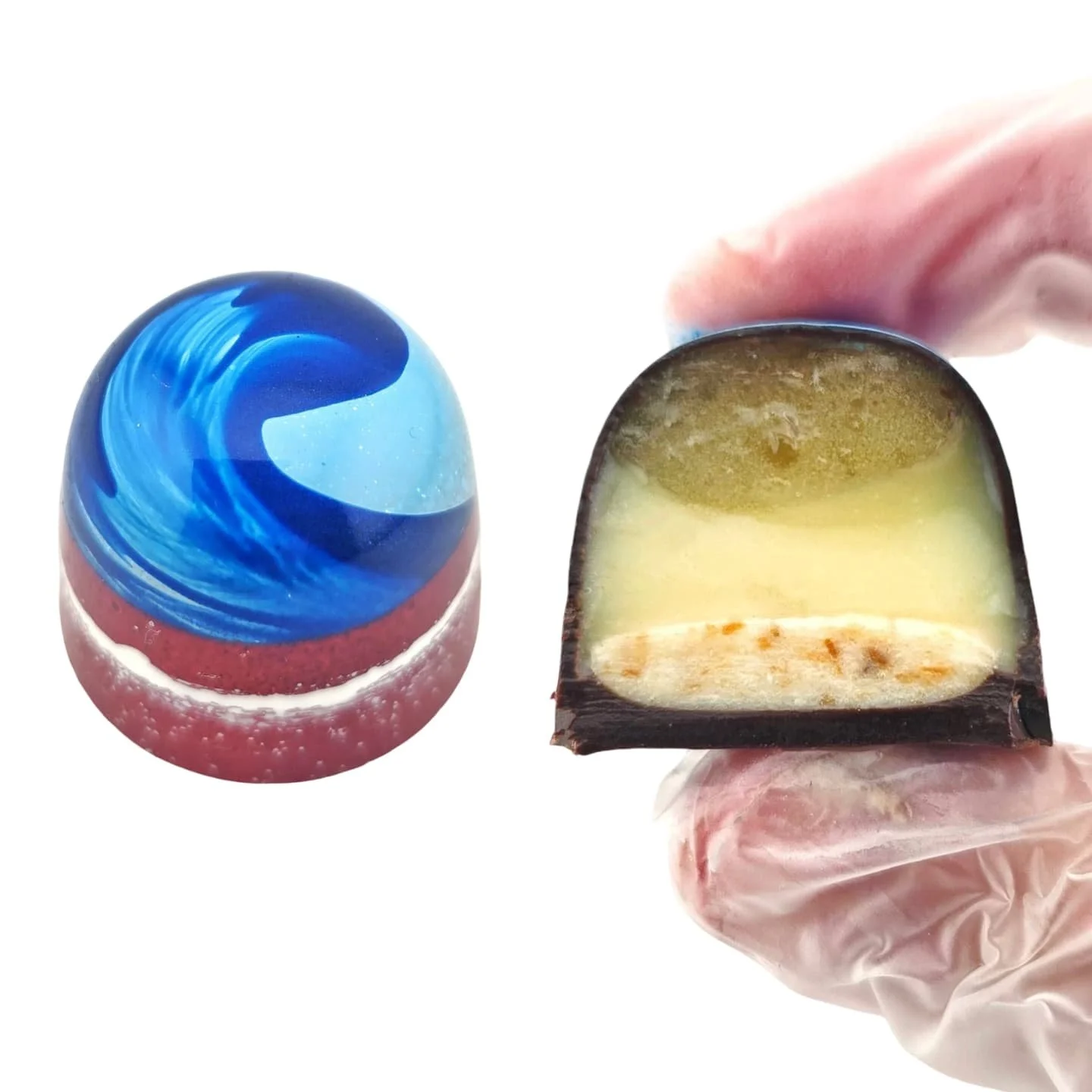 OHANA: @TheSideDishers
Dark Chocolate Shell, Pineapple Pâte de Fruit, Passionfruit "Sauce" Ganache, and Toasted Coconut & Shortbread Cookie Crunch
