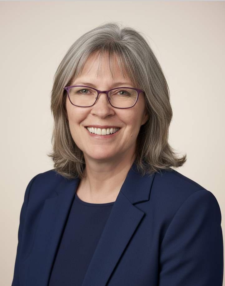 A middle-aged woman with gray hair, wearing glasses, a navy blue blazer, and a navy top, smiling at the camera against a neutral background.