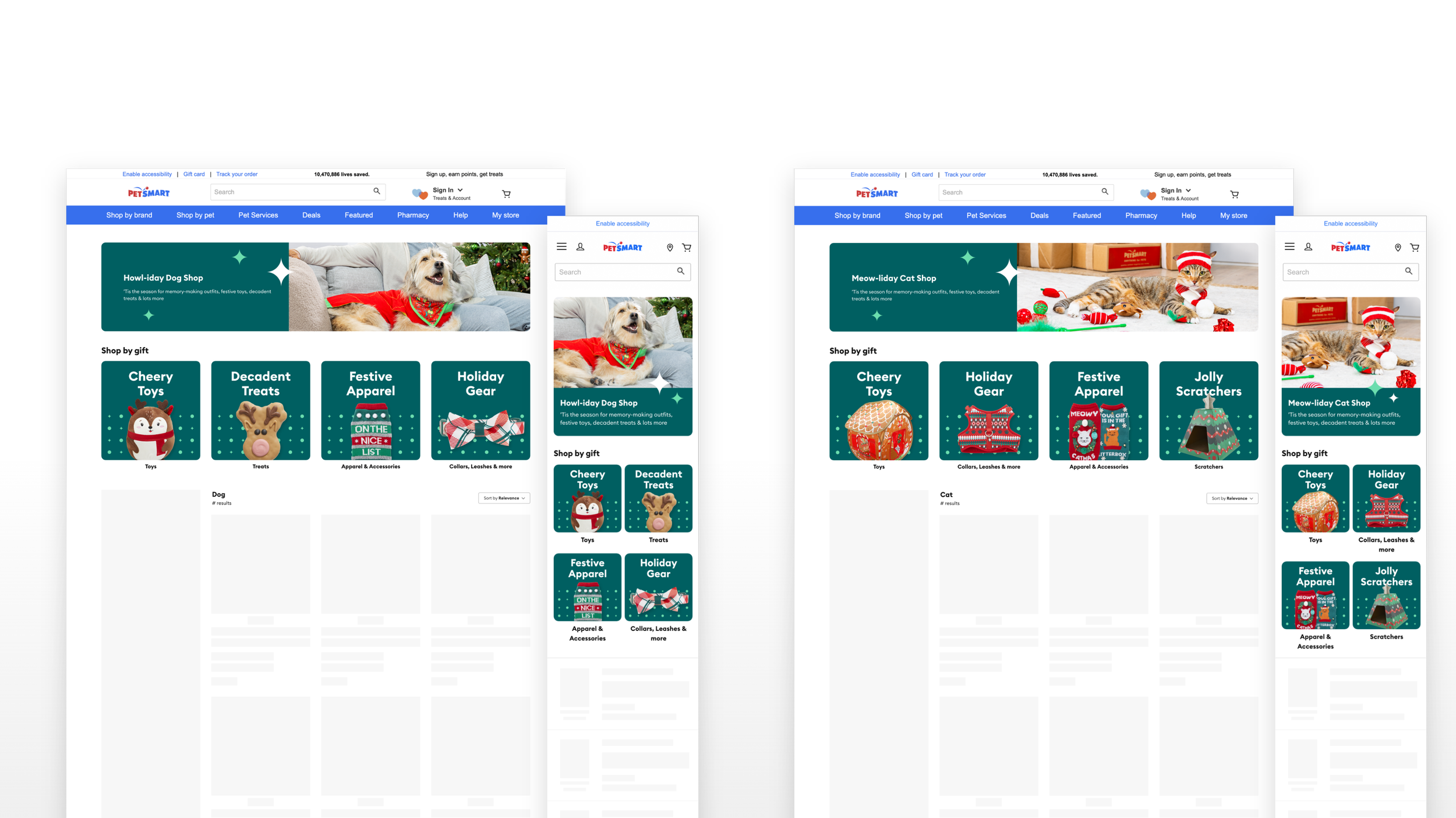 Dog and cat pet shopping pages on PetSmart dot com