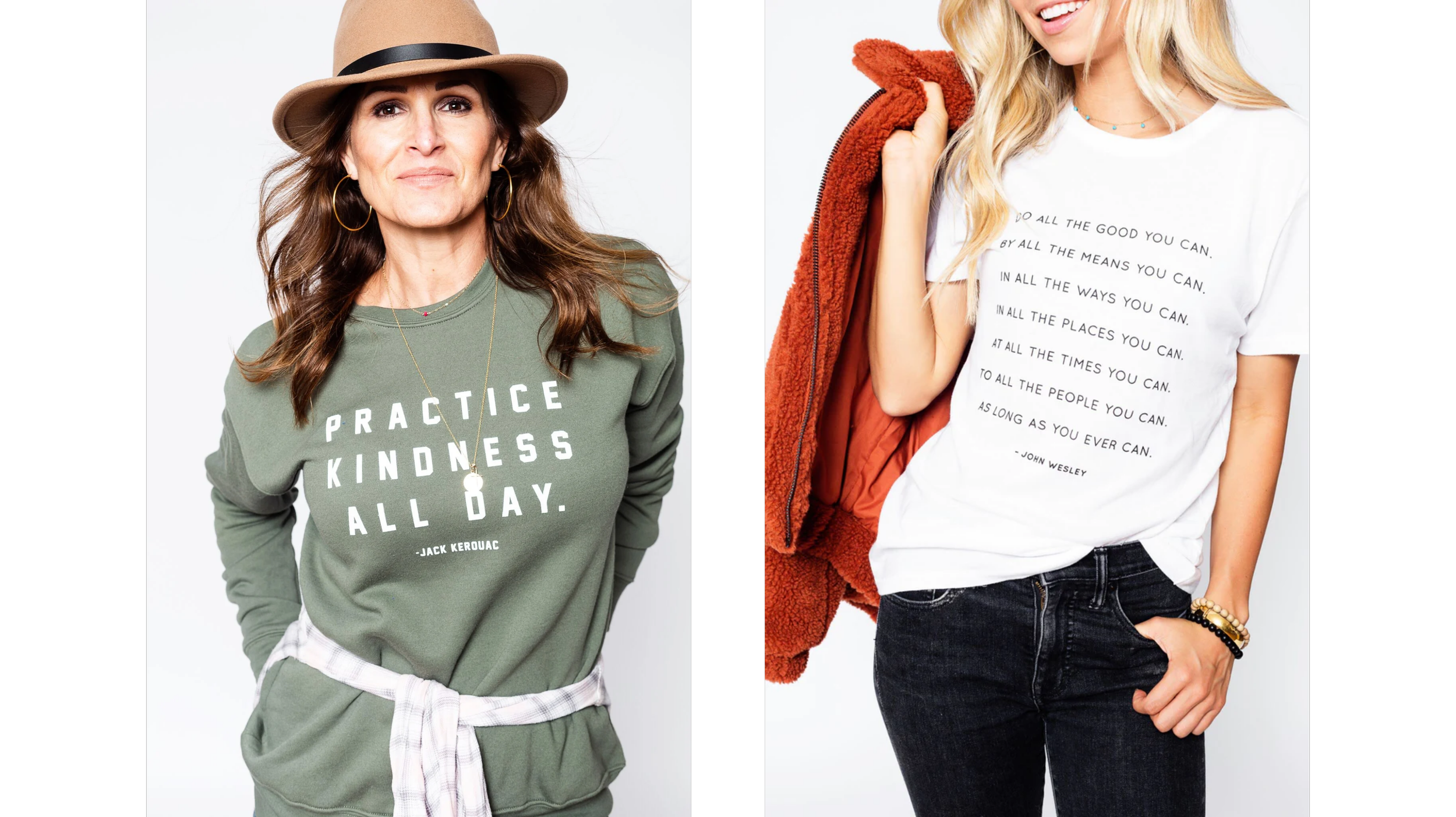 Two photos of ladies wearing shirts from the Soul Honey collection
