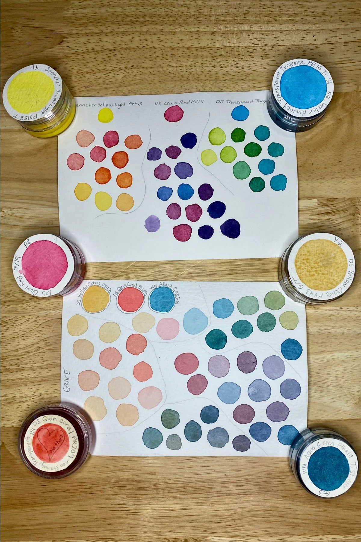 Examples of three-color watercolor mixing swatches