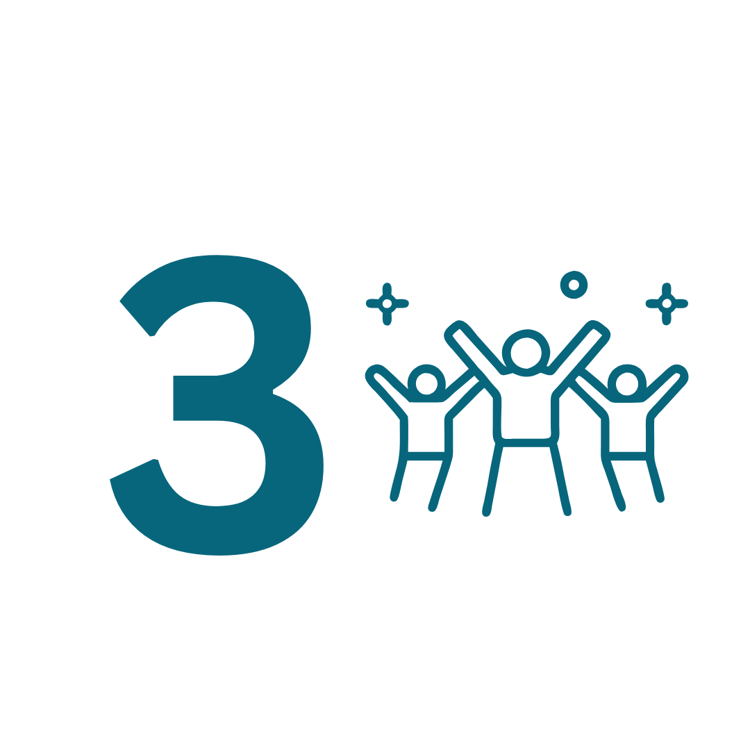 Number three with a group of three people celebrating with their arms raised, surrounded by stars and sparkles.