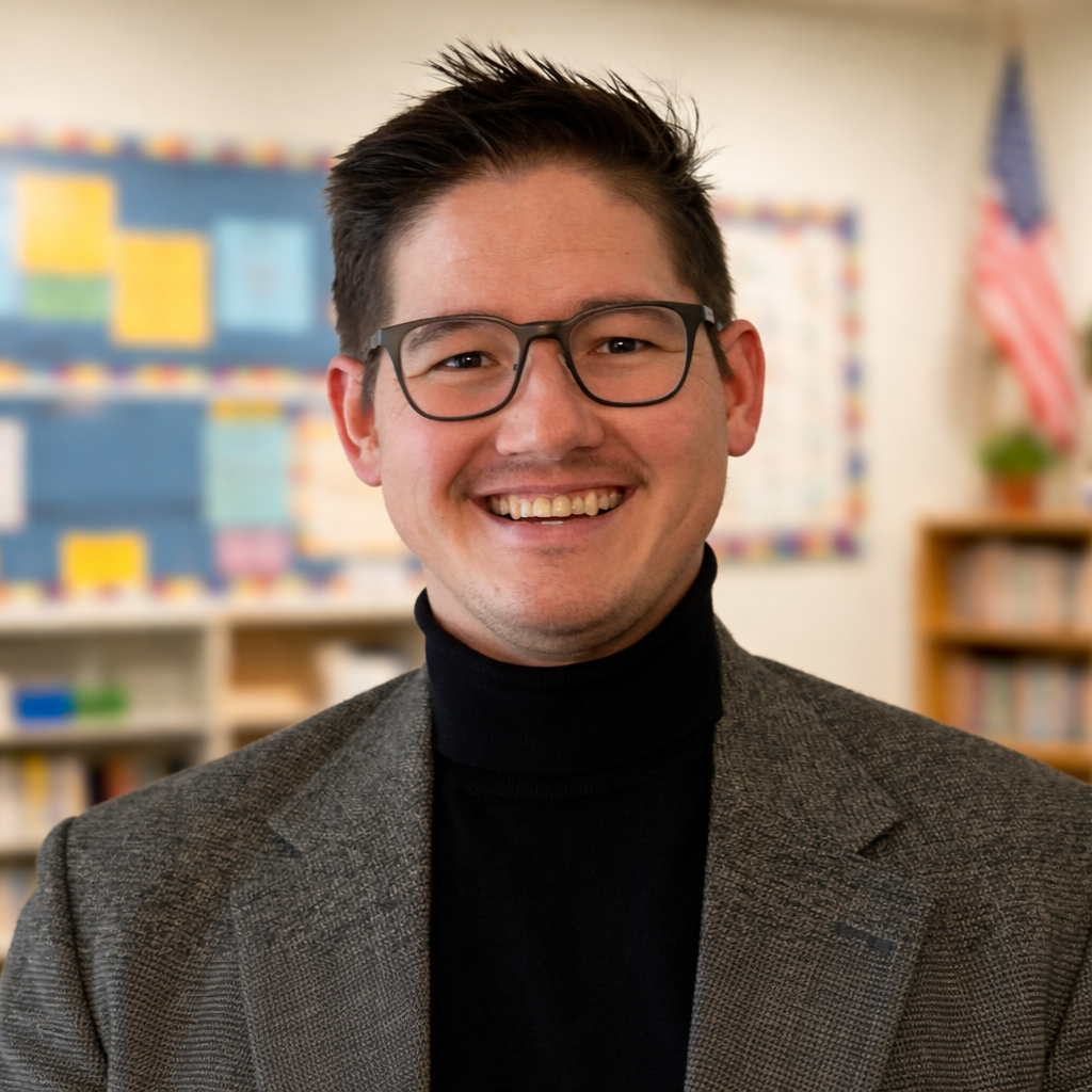 A smiling man with glasses in a school classroom, wearing a black turtleneck and a dark blazer.