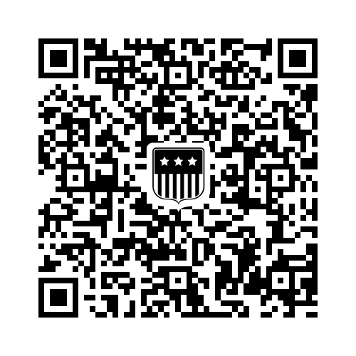A QR code with a shield emblem featuring three stars and vertical stripes at the center.