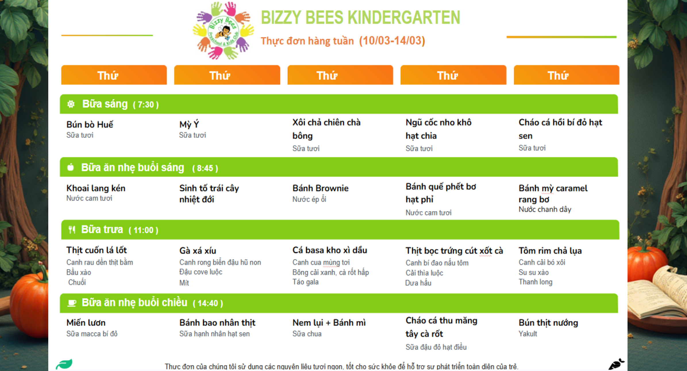 Weekly kindergarten menu for Bizzy Bees Kindergarten, including breakfast, light morning snack, lunch, and afternoon snack, with Vietnamese dishes and drinks listed for each meal.