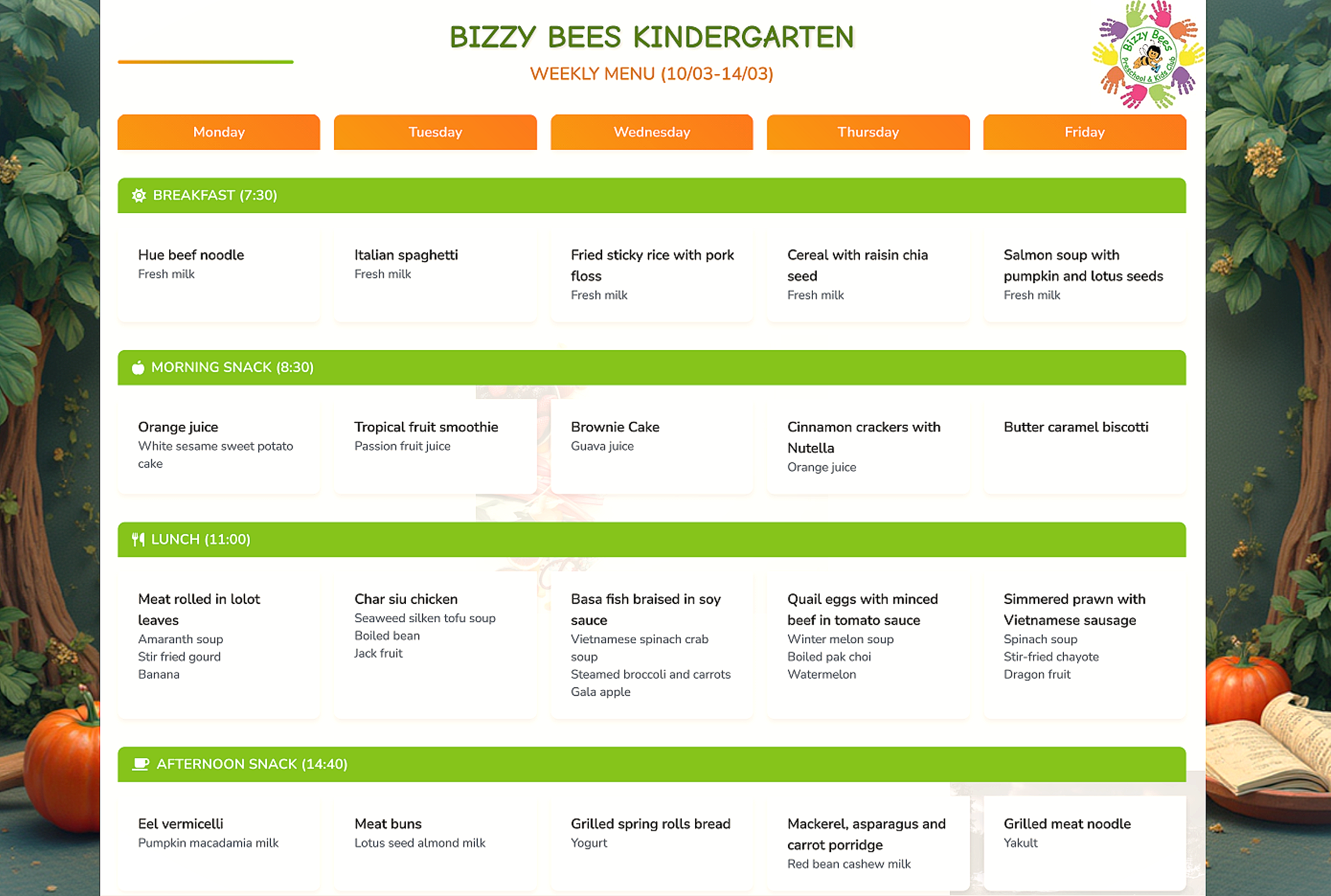 Weekly meal menu for Bizzy Bees Kindergarten, showing breakfast, morning snack, lunch, and afternoon snack menus from Monday to Friday with various food items listed for each meal.