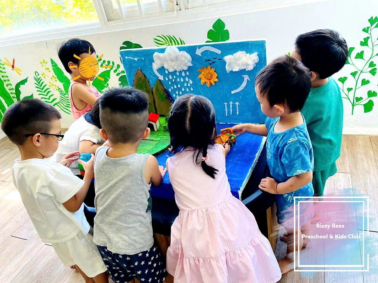 Group of young children gathered around a colorful, weather-themed diorama, with a sun, clouds, rain, and mountains, in a classroom decorated with green leafy wall art, as they watch a small toy boat.