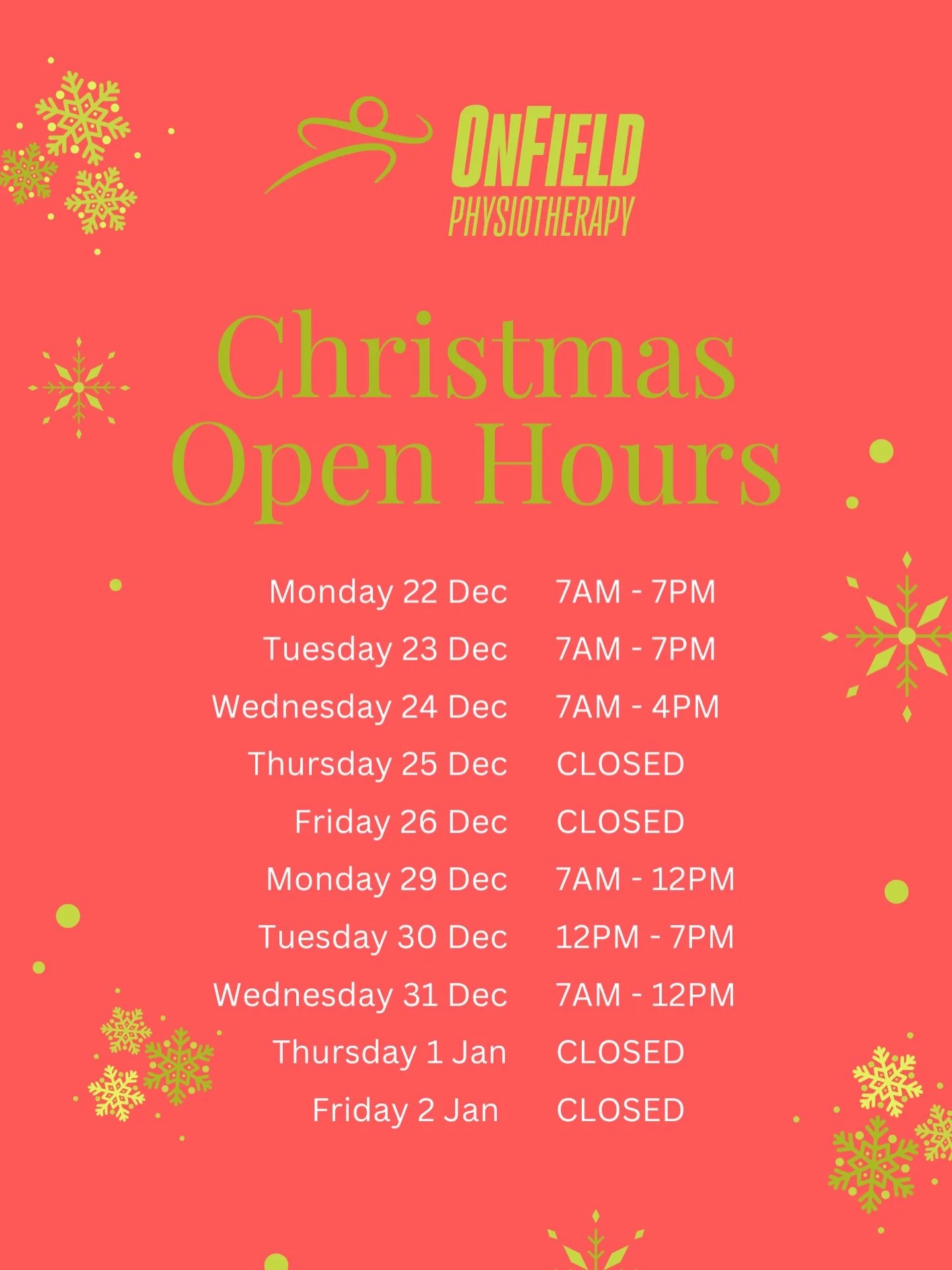 We know injuries don&rsquo;t take holidays - so neither do we entirely! OnField Physiotherapy will be open for select hours over the Christmas period to keep you moving and pain free.

Whether you need urgent support or want to book in for the New Ye