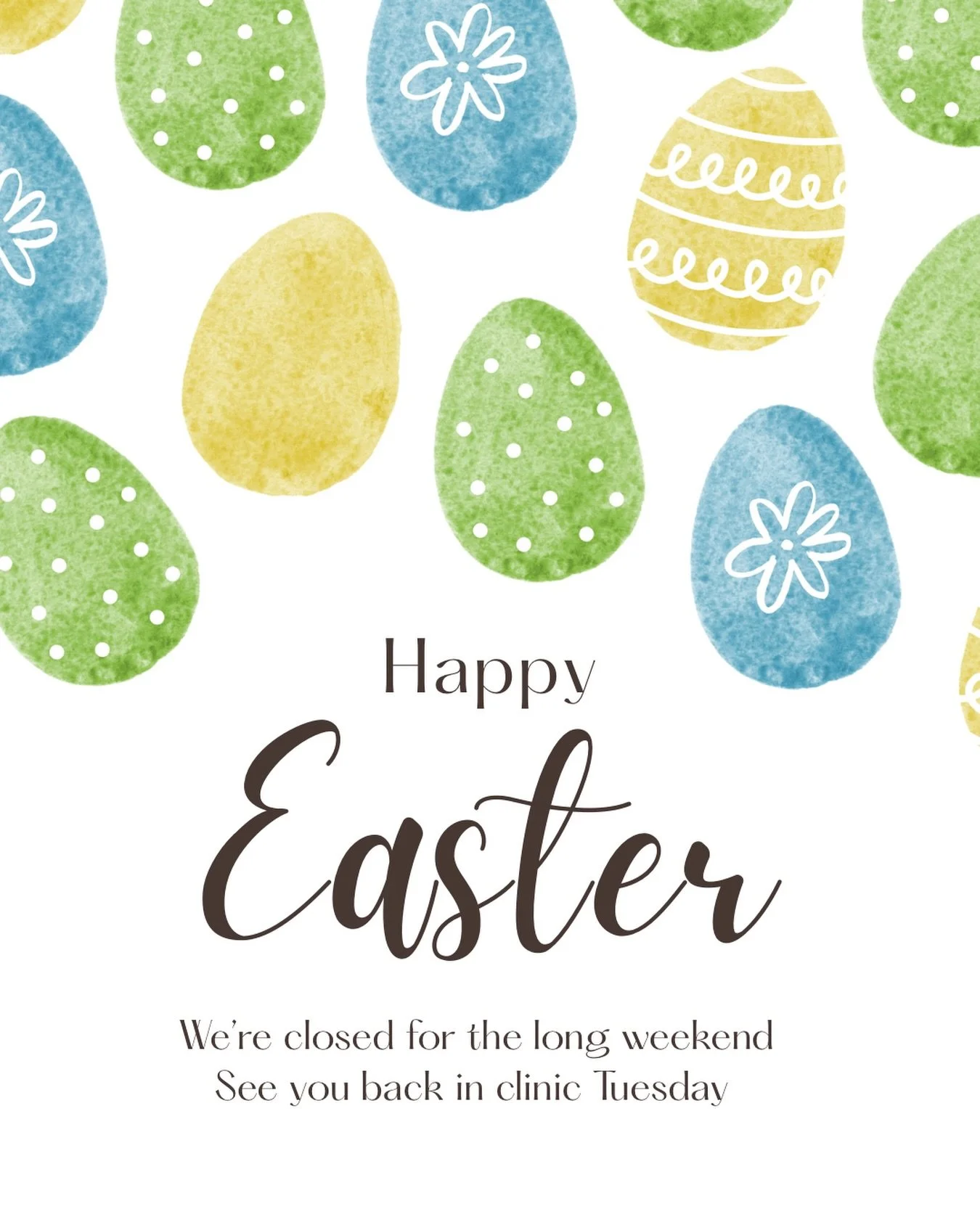 Wishing everyone a safe and relaxing Easter break🐰
We&rsquo;ll be back in the clinic Tuesday 7th April