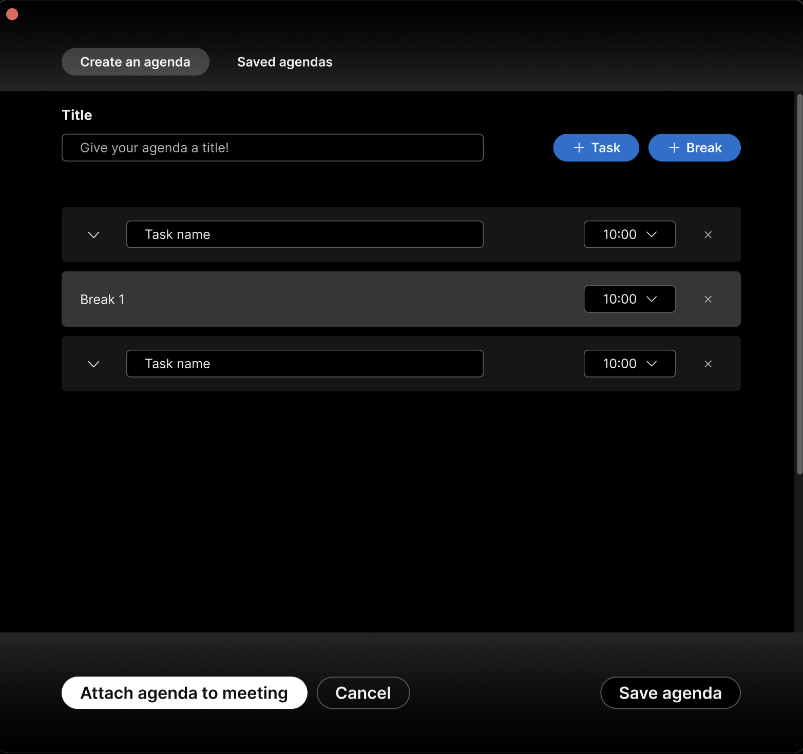 Step 2: Here, users can structure their agenda to suit their needs. They can add or delete topics, add breaks, add time allotments, and save an agenda for future use.