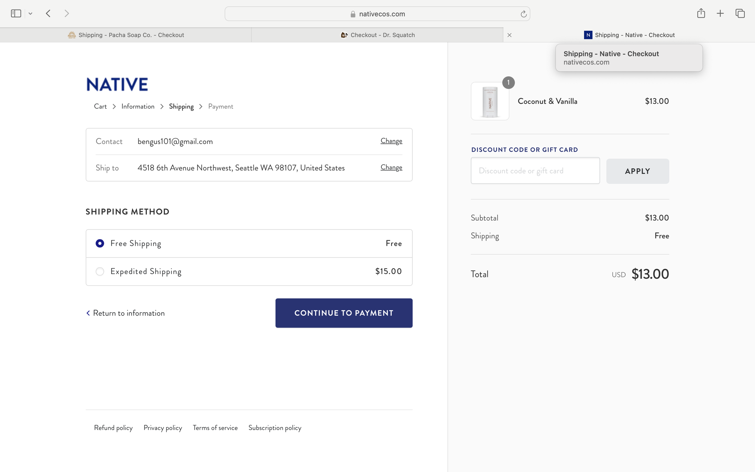 Native's shipping page.