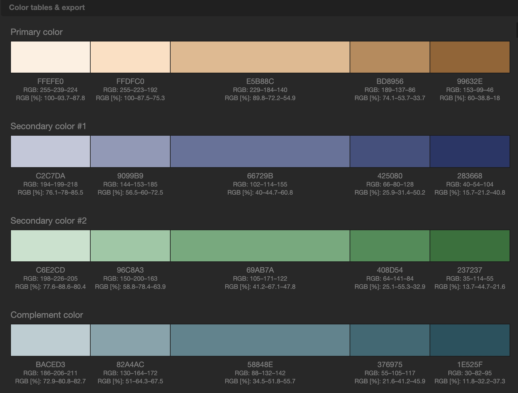 Palette #2- light brown Primary; light blue and light green Secondary; light teal Complimentary.
