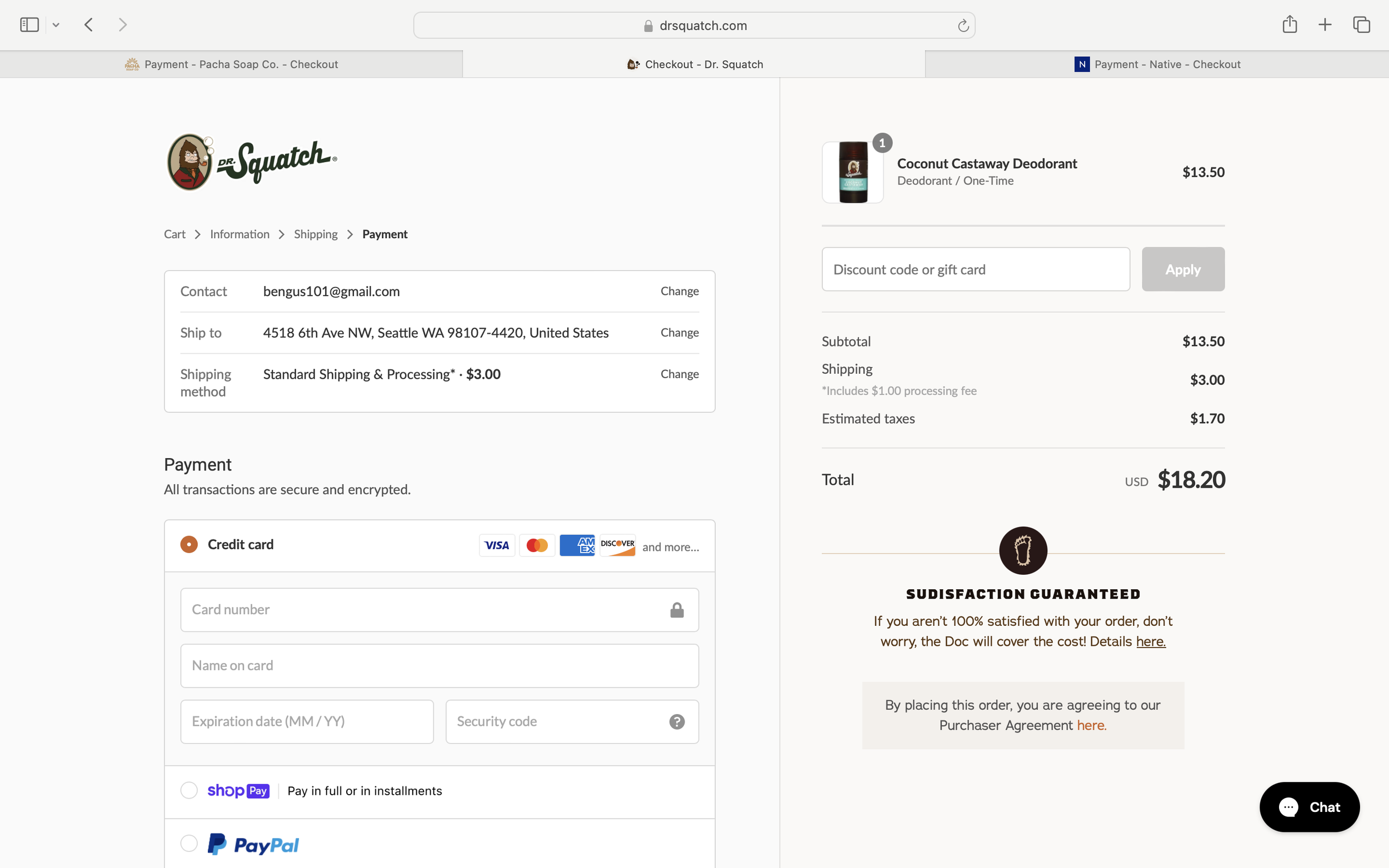 Dr. Squatch's payment page- top fold.