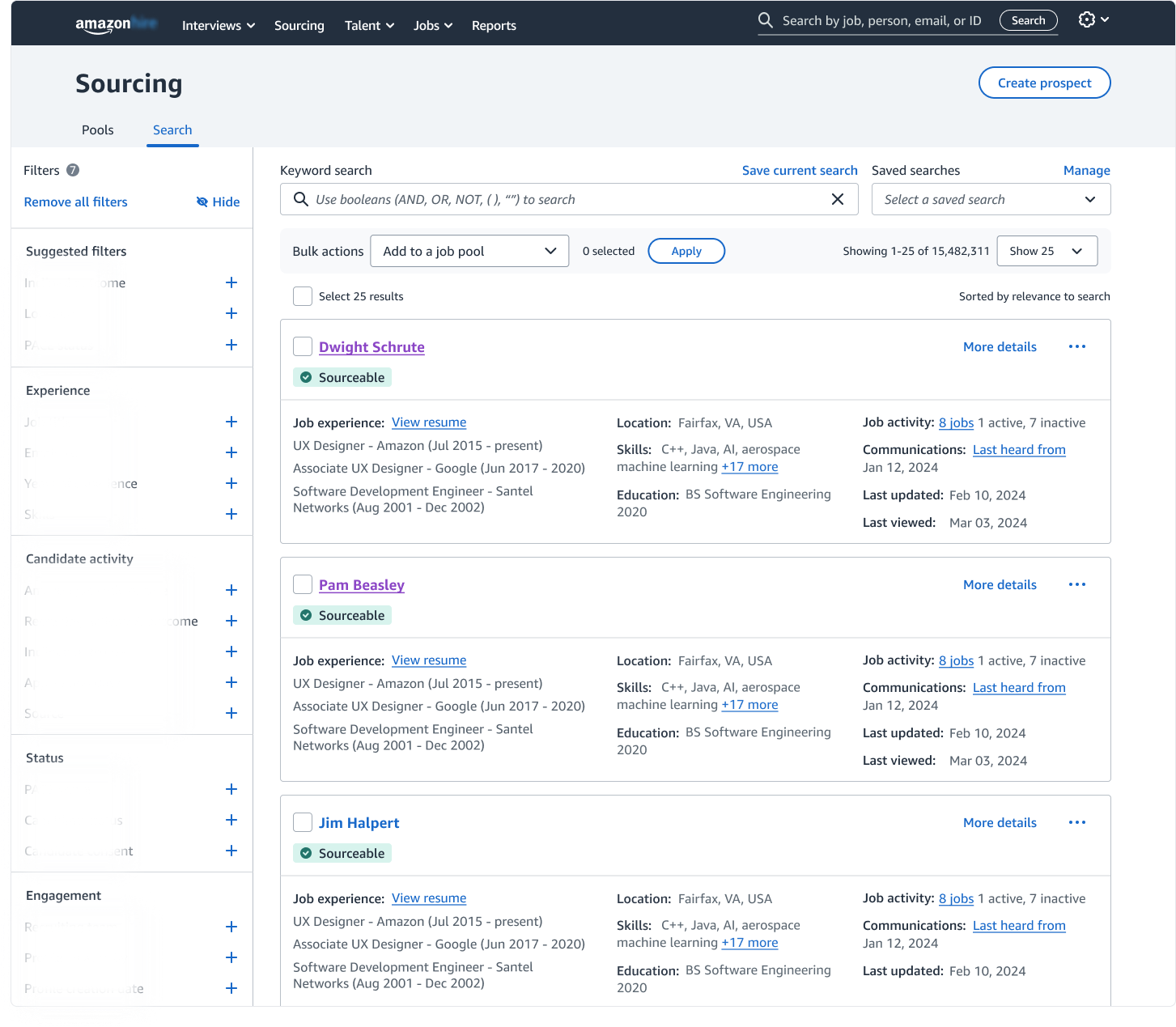 After evaluating several candidates, recruiters may choose to narrow down their search results using bulk actions.
