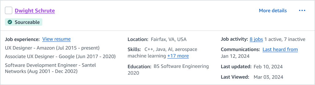 Candidate name hyperlink changes from blue (Default) to purple after viewing. Also adds a persistent "Last Viewed" timestamp within the candidate card, ensuring prior interaction history remains visible during rapid scanning without hovering or addit