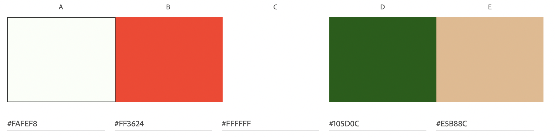 Palette #5- white Primary; light brown, green and cream Secondary; red Complimentary.