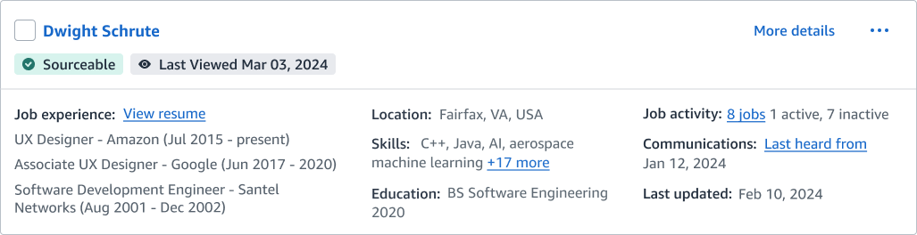 Surfaces the "Last Viewed" timestamp as a status chip beneath the candidate's name for quick scanning and accessibility. Unlike previous concepts, the candidate name styling remains unchanged to reduce visual noise.