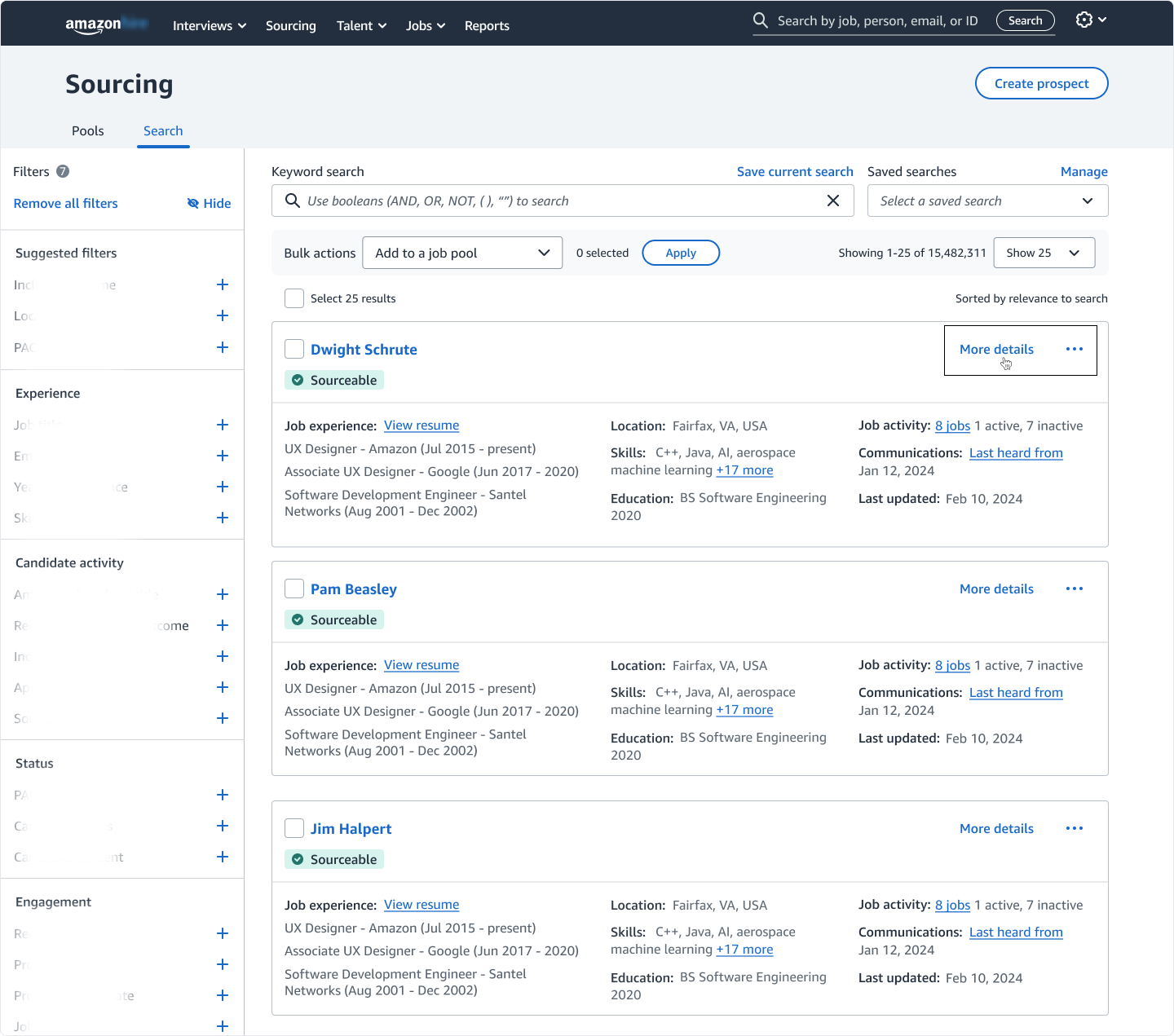 Recruiters initiate a Rapid Review by selecting "More details" (highlighted), transitioning from scanning to evaluation.