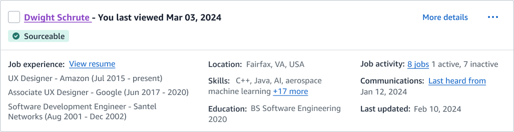Candidate name styled as underlined hypertext; Last Viewed date displayed inline next to the name for immediate visibility during scanning. 