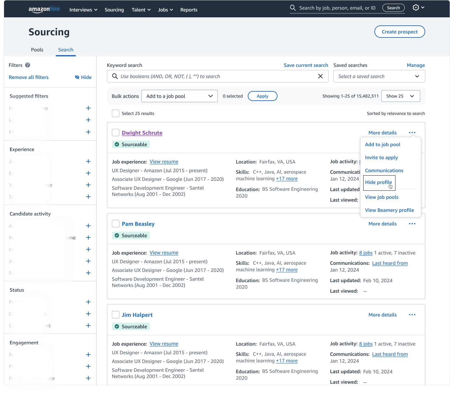 The overflow menu surfaces a "Hide profile" action (highlighted), allowing recruiters to remove a candidate from the search results without leaving the page.