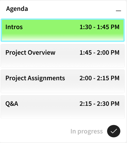 After: Outline around current topic, in addition to green highlight. Also note the "In progress" indicator in the lower right corner.