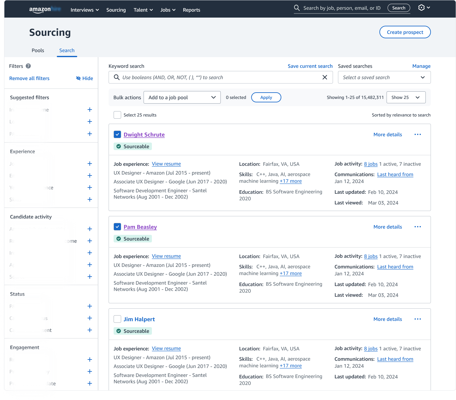 Multiple candidates can be selected from the search results to enable bulk actions.