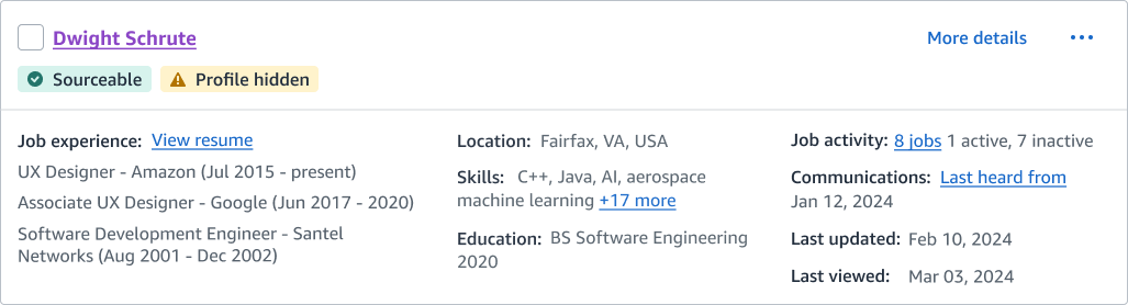 Added a "Profile hidden" chip to clearly communicate when a candidate was removed from the search results, while retaining the timestamp for historical context.