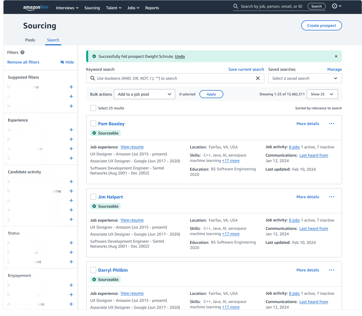 A confirmation banner provides immediate feedback, and the candidate is removed from the search results.
