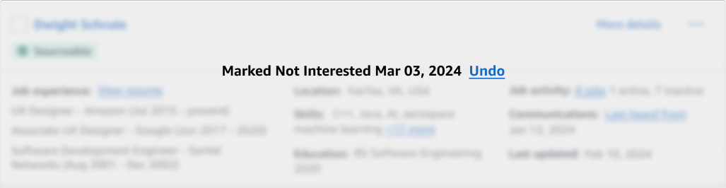 Explored a reversible "Not Interested" blurred state to reduce visual noise while foregrounding an undo option, balancing fast scanning with low-risk decision making.