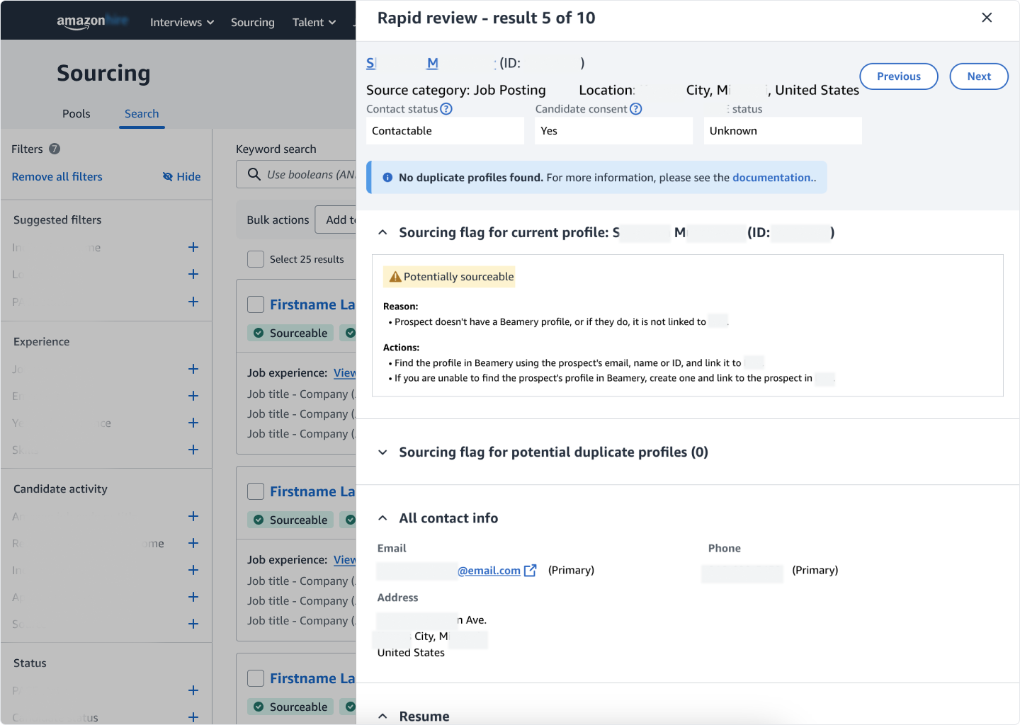 Rapid Review opens with candidate details surfaced for quick evaluation. Please note- sensitive information has been intentionally blurred to protect privacy.