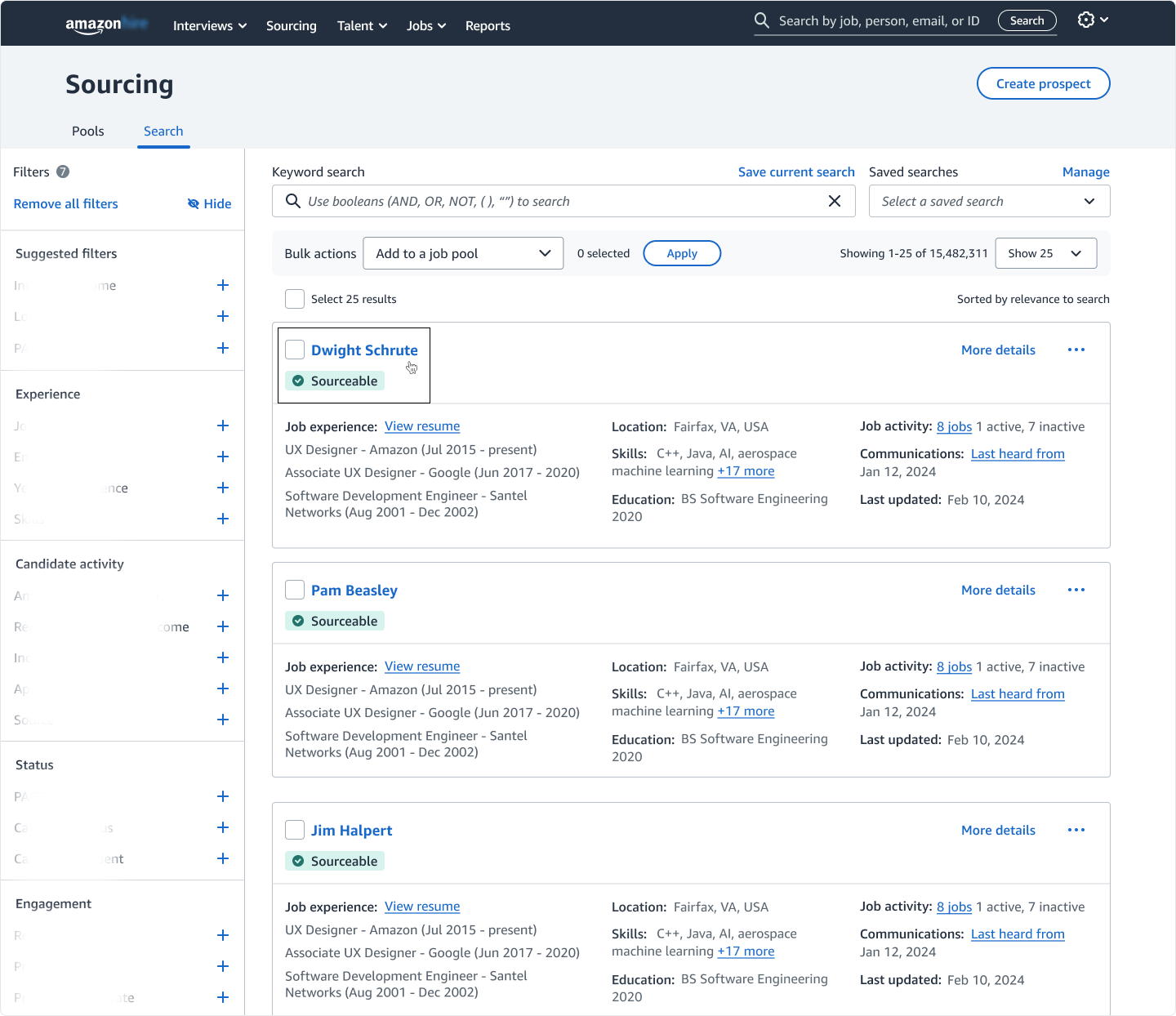 Recruiters can also evaluate a candidate by visiting their Profile Detail Page (PDP) by clicking the candidate's name in the search results (highlighted).