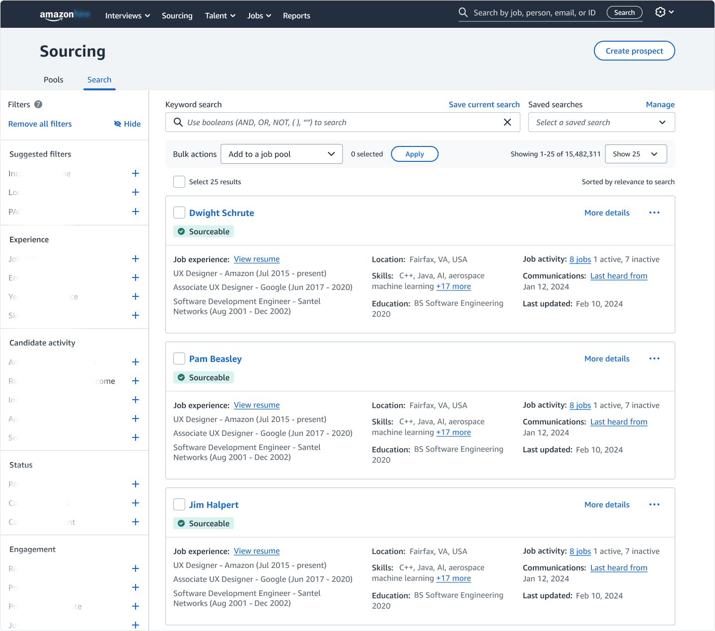 Starting point: recruiters begin in the search results- the primary workspace for sourcing and candidate evaluation.