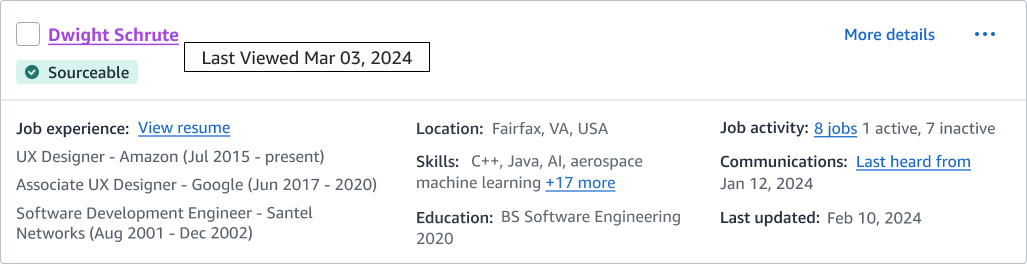 Candidate name hyperlink changes from blue (Default) to purple after viewing, providing a lightweight visual indicator of prior interaction. A tooltip reveals the exact last-viewed date on hover. 