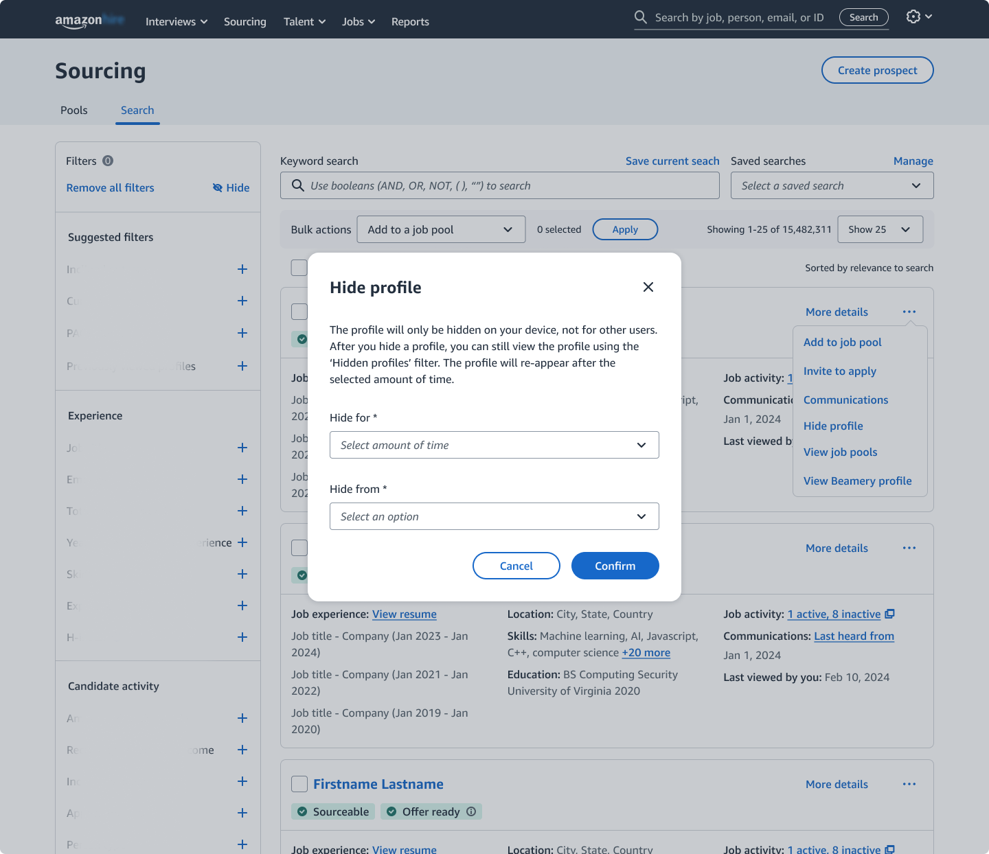 Selecting "Hide profile" opens a confirmation modal with supporting copy and background dimming to reinforce action clarity and helping prevent unintended changes.