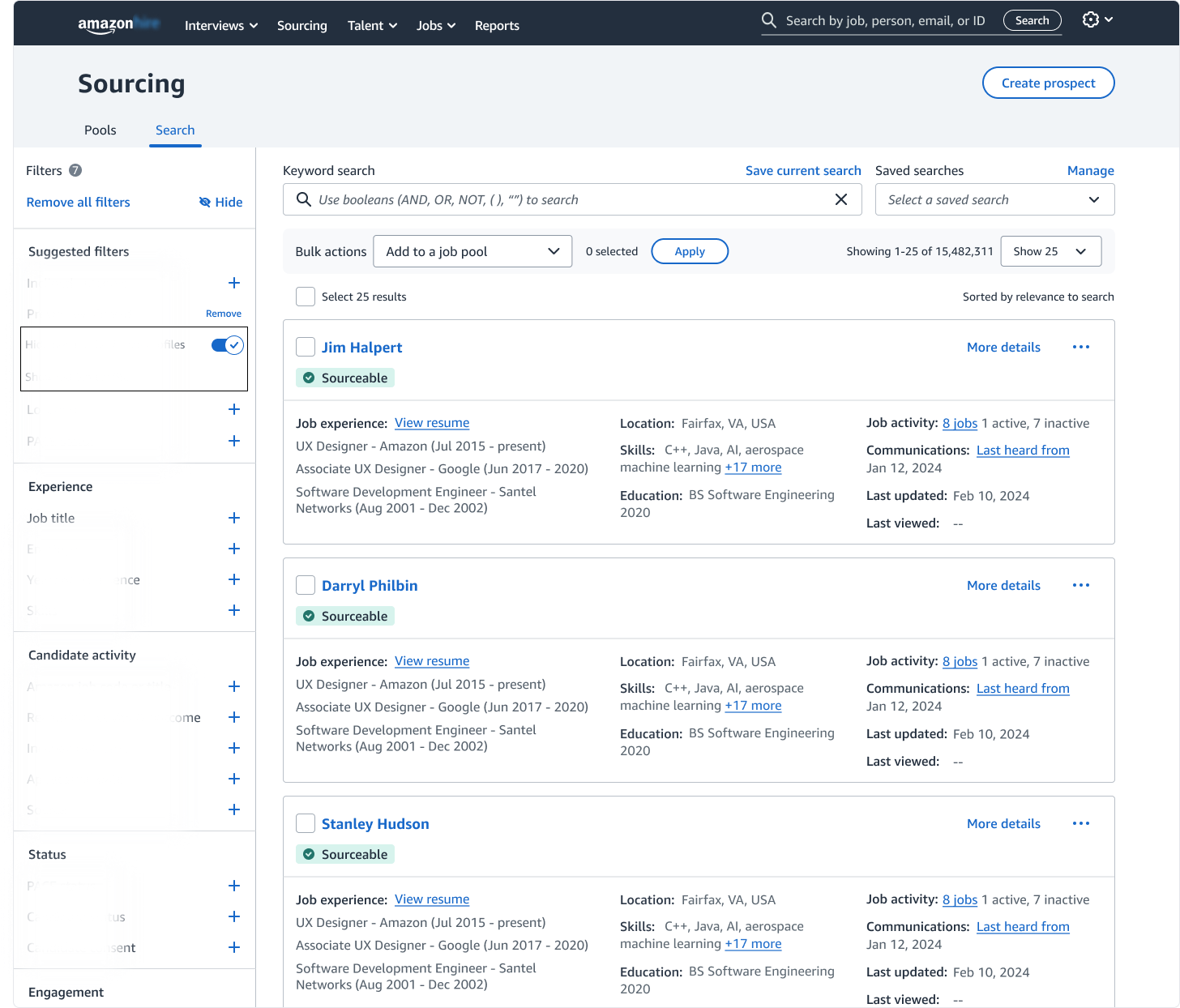 Enabling the Previously Viewed filter (highlighted) automatically removes candidates the recruiter has already reviewed, helping maintain a clean, focused search workspace. 