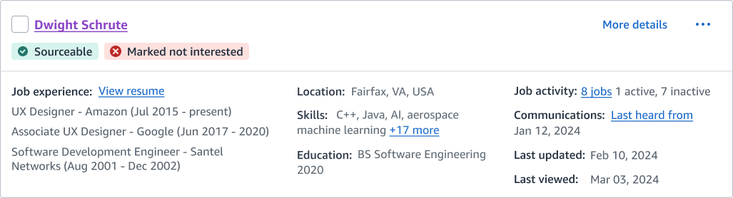 Explored a persistent "Not Interested" status that keeps rejection decisions visible with a quick glance, helping recruiters avoid re-evaluating candidates. The timestamp information is nested in the card to balance detail with fast scanability.