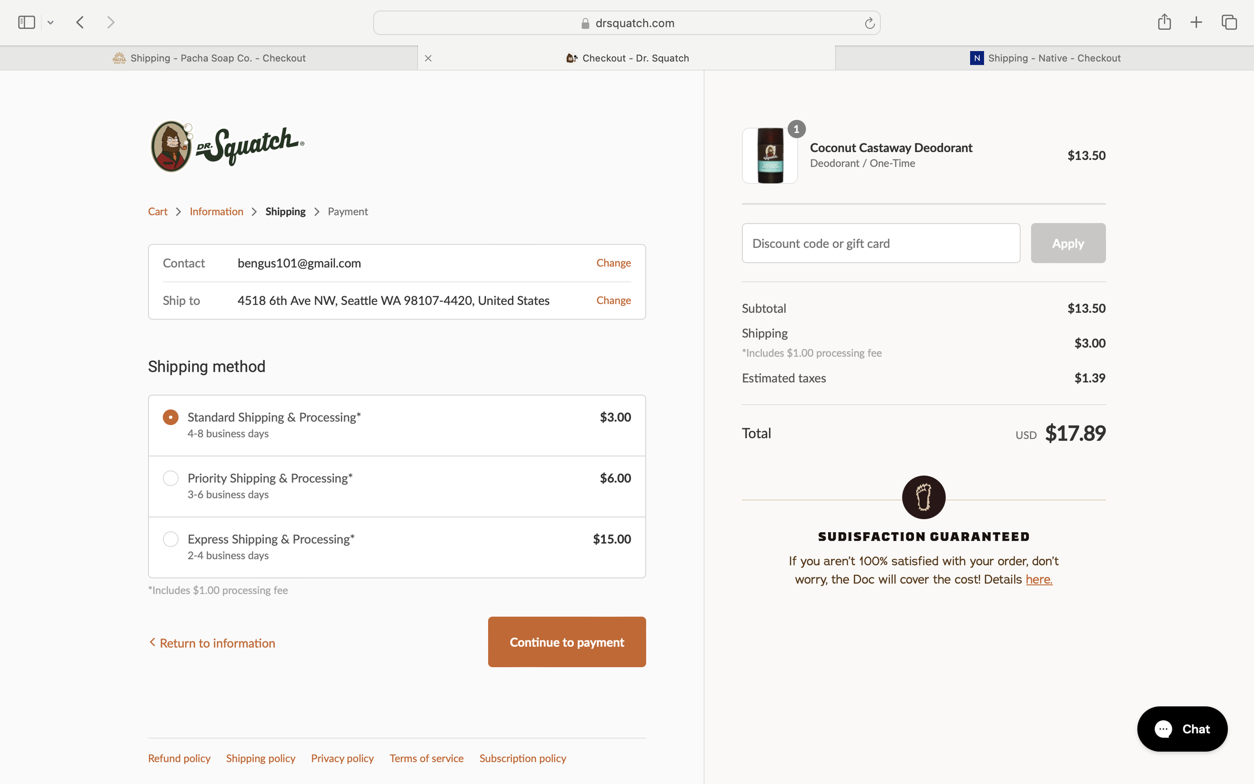 Dr. Squatch's shipping page.