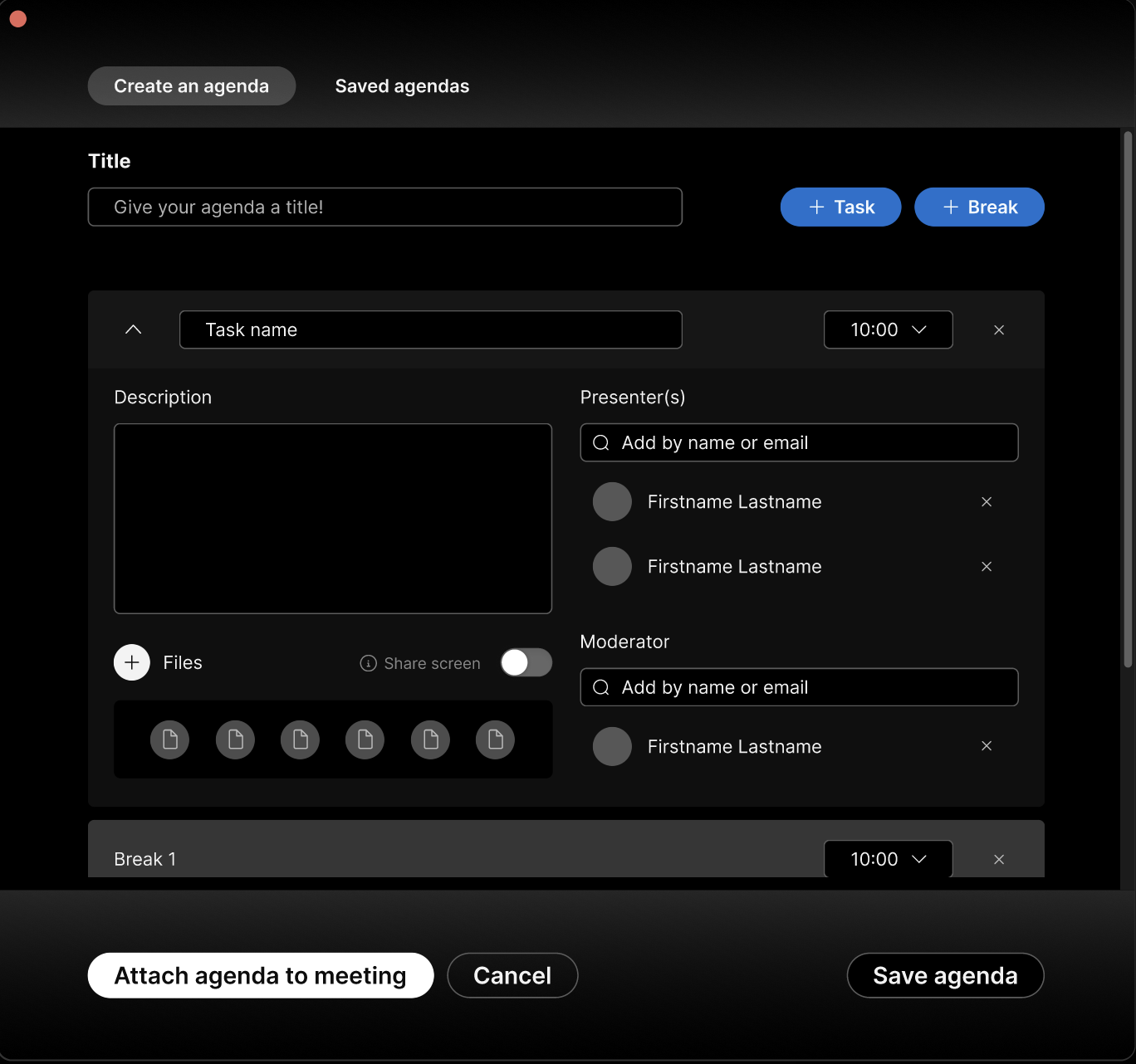 Step 3: Clicking the dropdown carrot, users can title a topic, add a description, assign a presenter, and attach files. When the user has compiled their agenda, they click "Attach agenda to meeting" to complete the process and attach their agenda to 