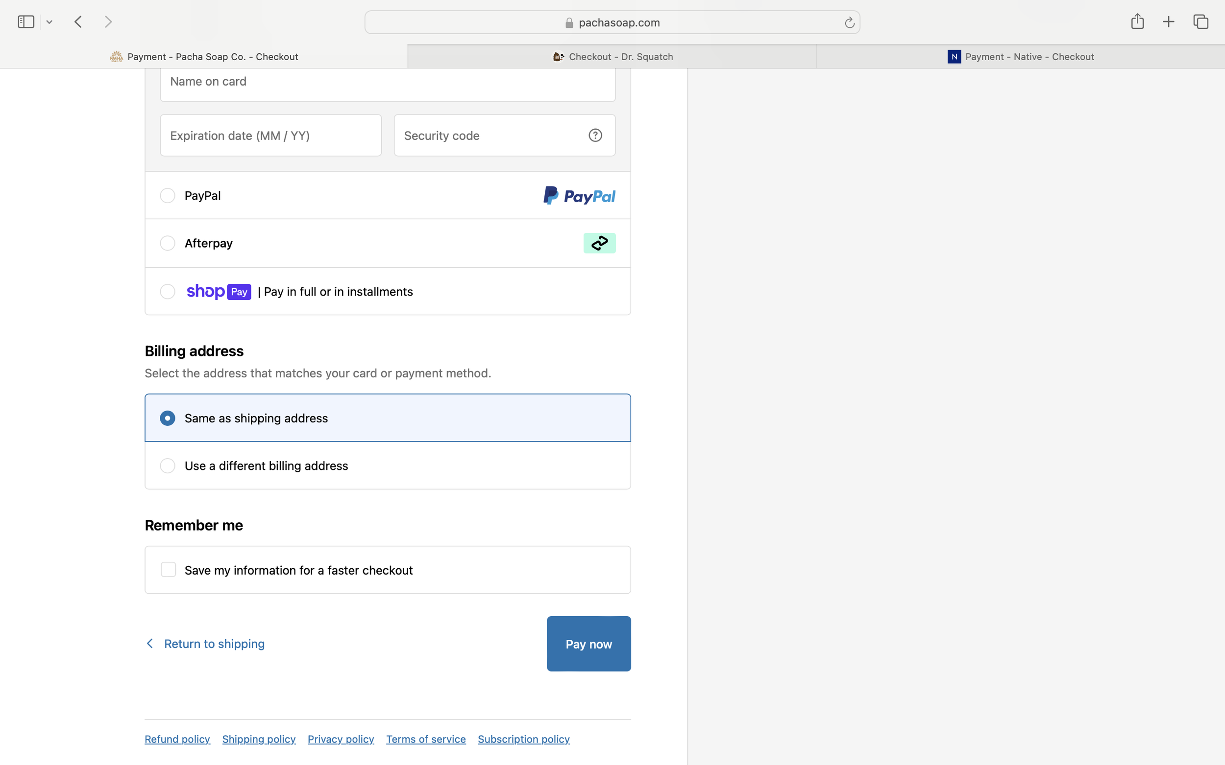 Pacha's payment page- bottom fold.