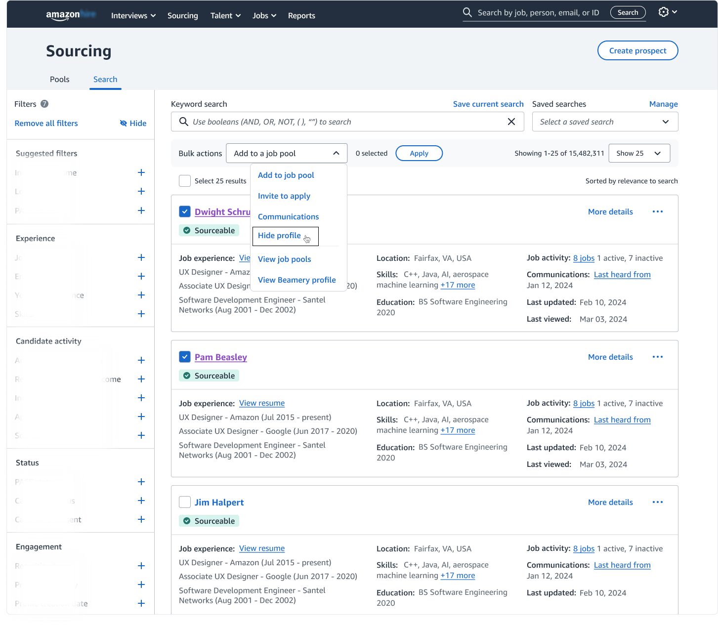 The "Hide profile" action (highlighted) within the Bulk Actions menu allows recruiters to hide multiple candidates at once, reducing repetitive individual actions.